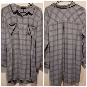 Eileen Fisher Plaid Silk Georgette Crepe ASH Shirt Dress Tunic size Medium